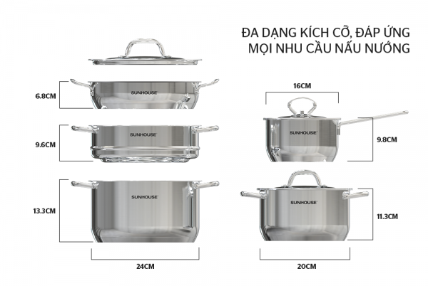 BỘ NỒI CHẢO INOX 5 ĐÁY SUNHOUSE SHG995 6