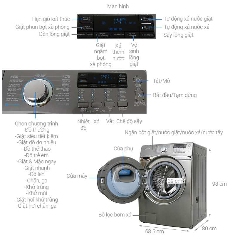 Thông số kỹ thuật Máy giặt Samsung Add Wash Inverter 17 kg  WD17J7825KP/SV