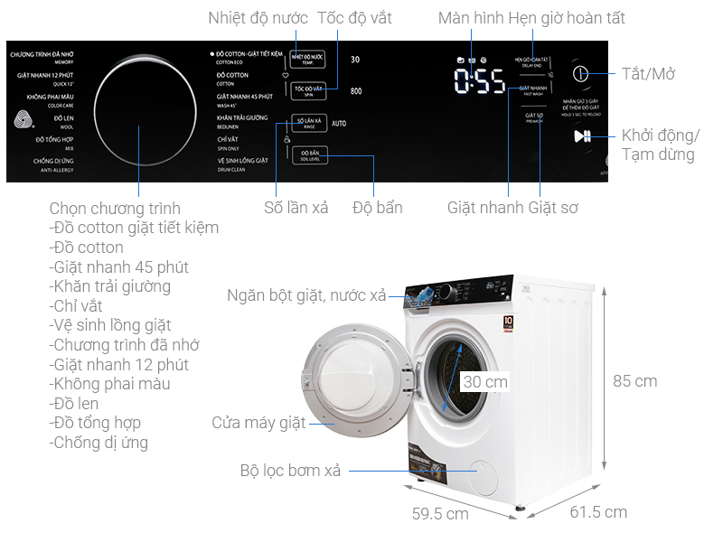 Thông số kỹ thuật Máy giặt Toshiba Inverter 9.5 kg TW-BH105M4V WK