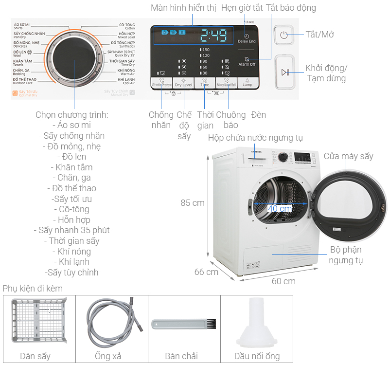 Thông số kỹ thuật Máy sấy Samsung 9 kg DV90M5200QW/SV