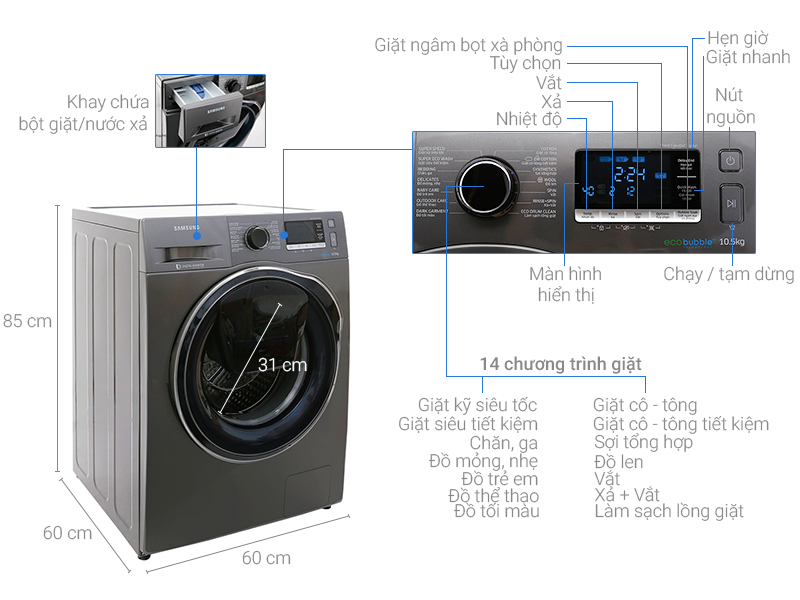 Thông số kỹ thuật Máy giặt Samsung Inverter 10.5 kg WW10K6410QX/SV