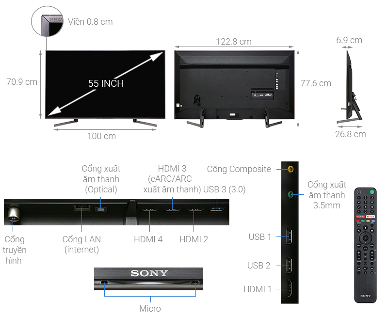 Thông số kỹ thuật Android Tivi Sony 4K 55 inch KD-55X9500G