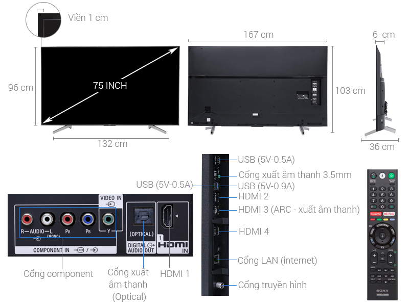 Thông số kỹ thuật Android Tivi Sony 4K 75 inch KD-75X8500F