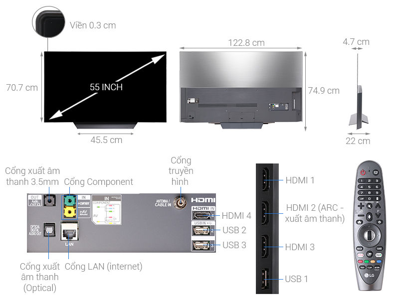 Thông số kỹ thuật Smart Tivi OLED LG 4K 55 inch 55B8PTA