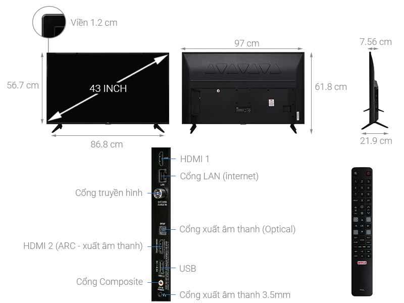 Thông số kỹ thuật Smart Tivi TCL 4K 43 inch L43P65-UF