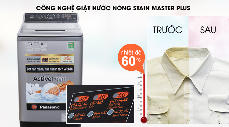 Công nghệ giặt nước nóng StainMasterPlus - Máy giặt Panasonic 10 kg NA-F100V5LRV